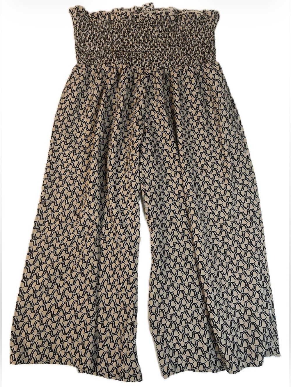 Wide-Leg Smocked-Waist Pants in Black and Cream